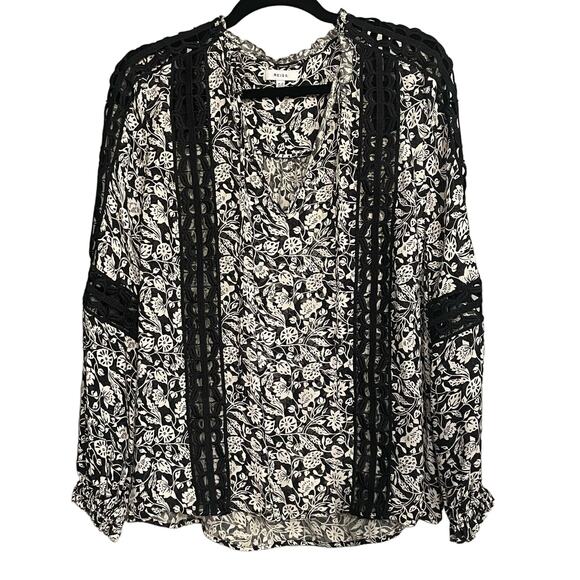 Reiss Top Womens Florence Floral Lace Inset Blouse Sz 8 Boho Tie Ruffle Viscose - Picture 1 of 9